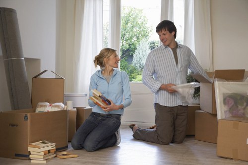 Careful transport of boxes and household items by movers van